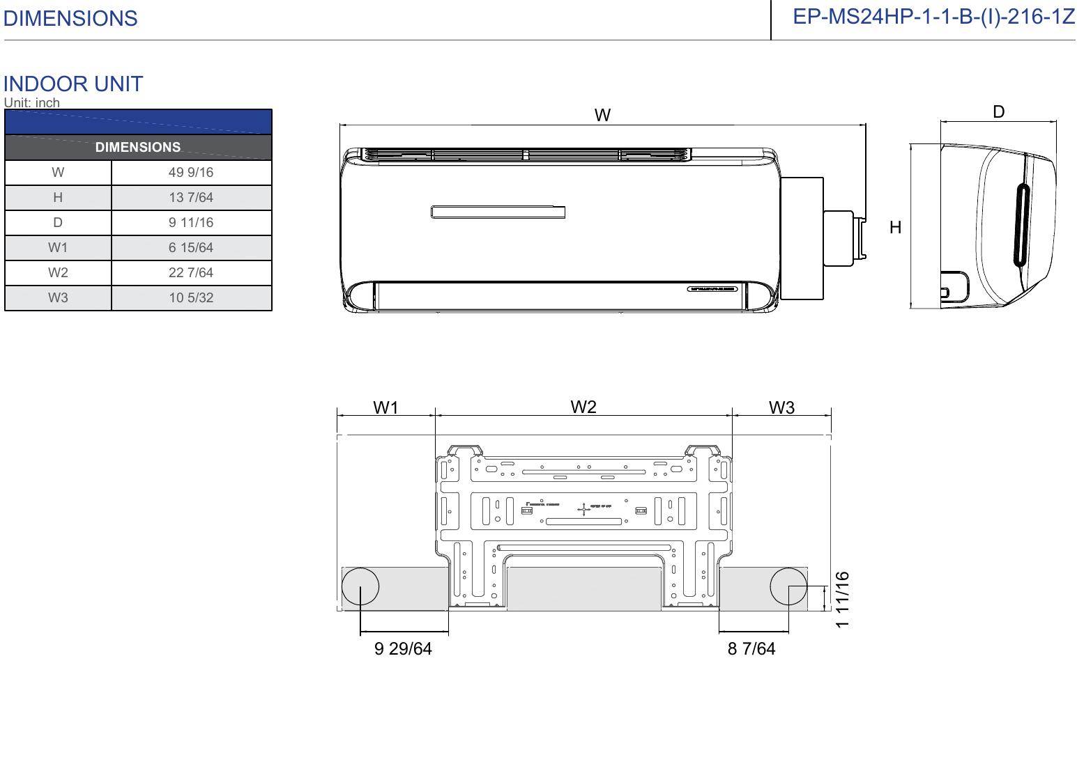 Indoor unit dimensions and wall-mount bracket — engineering drawing with W × H × D measurements