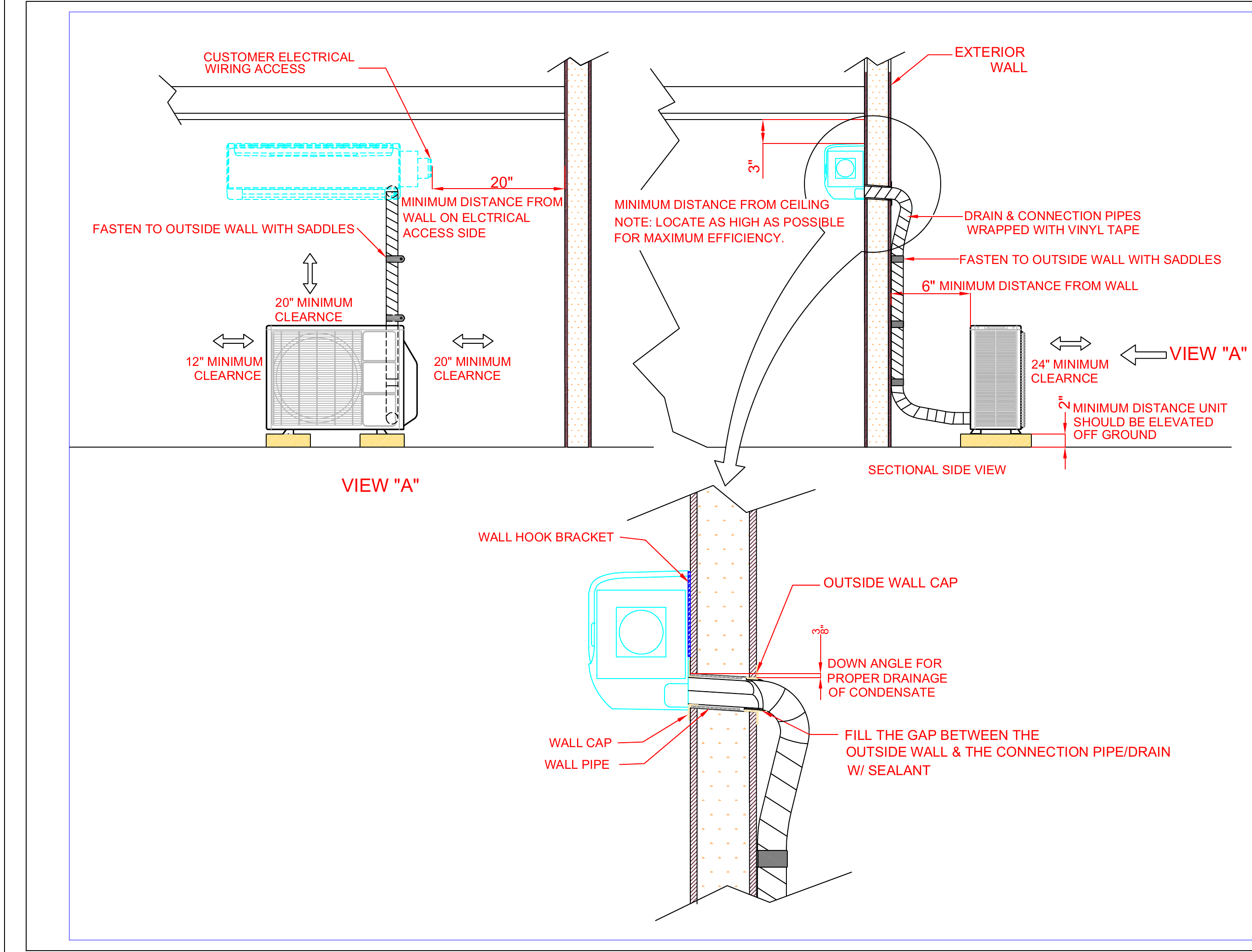 Mini split installation general arrangement drawing showing wall pipe, wall hook bracket, clearances, and condensate drainage details