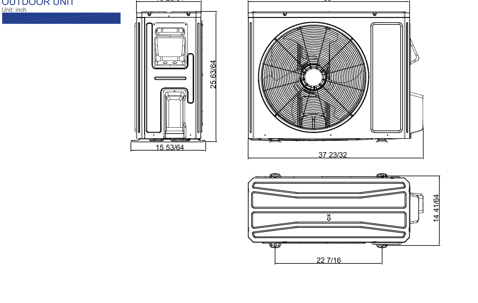 Outdoor condenser unit dimensions — engineering drawing with W × H × D measurements