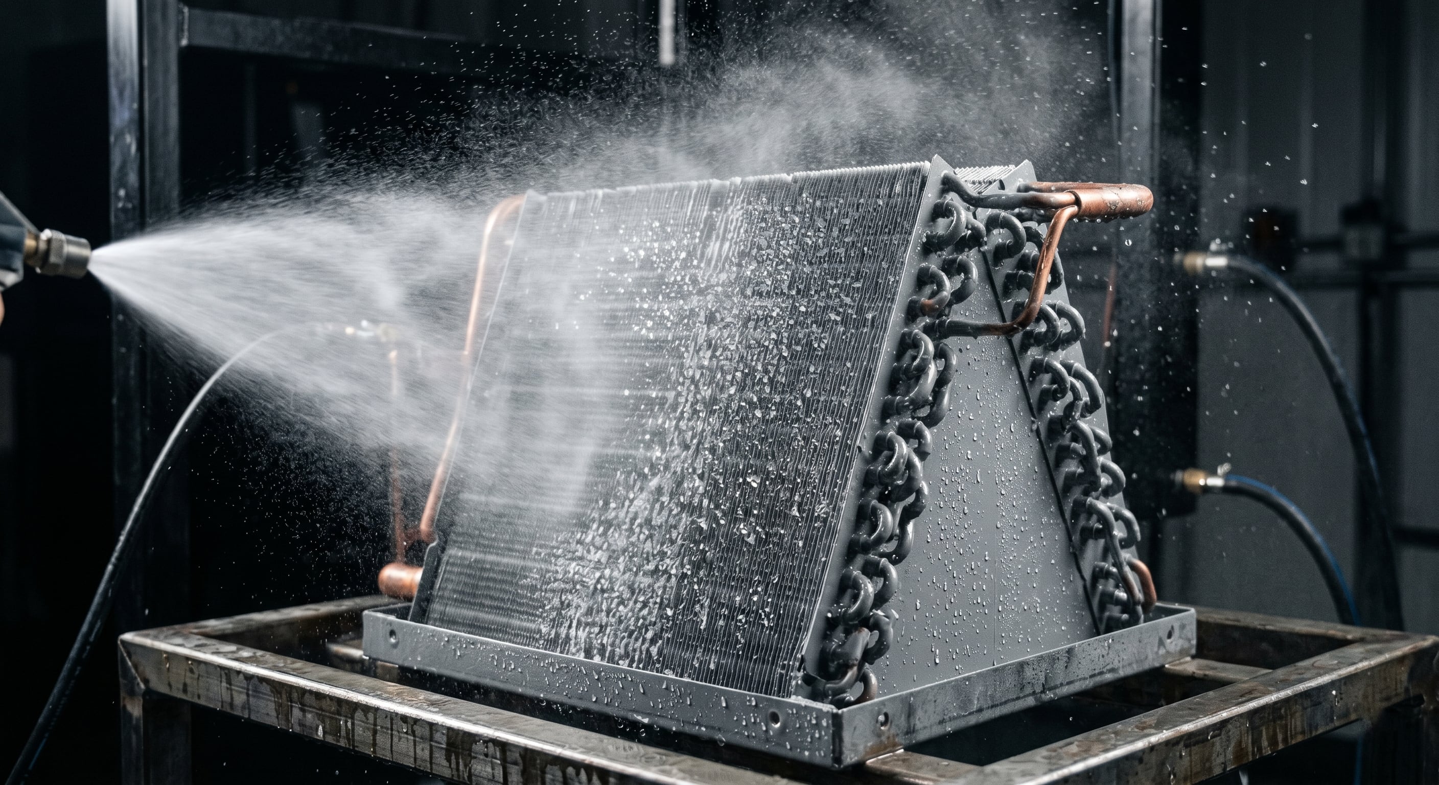 HVAC coil being prepped for Phenicon coating — copper refrigerant lines and aluminum fins cleaned before epoxy novolac application